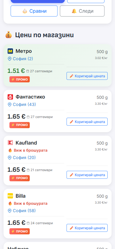 Екранът с цени по магазини в Savly: верига, цена, цена на килограм, брой обекти в града и етикет промоция
