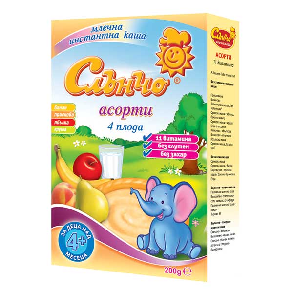 Млечна каша асорти 4 плода 4+месеца Слънчо 200гр. - Слънчо