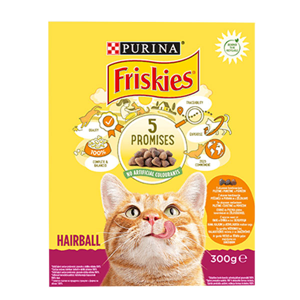Котешка суха храна Friskies пиле и зеленчуци Hairball 300гр.