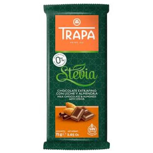 Млечен шоколад с бадеми и стевия Trapa 75гр. - Trapa