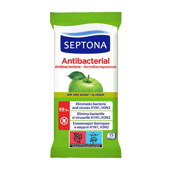 Мокри кърпички антибактериални ябълка Septona 15бр. - Septona