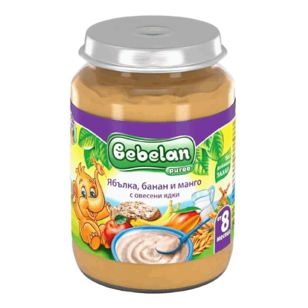Пюре ябълка,банан и манго с овесени ядки 8+месеца Bebelan 190гр. - Bebelan