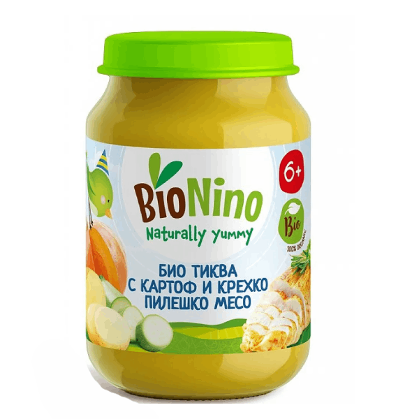 Bio Nino пюре тиква с картоф и пилешко месо 6+ 190гр.