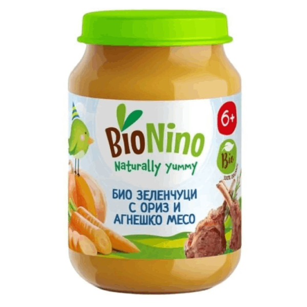 Bio Nino пюре зеленчуци с ориз и агнешко месо 6+ 190гр.