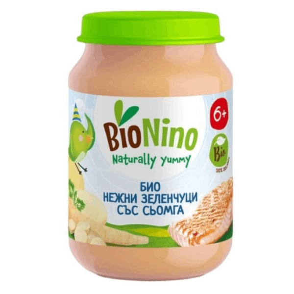 Bio Nino пюре зеленчуци със сьомга 6+ 190гр.
