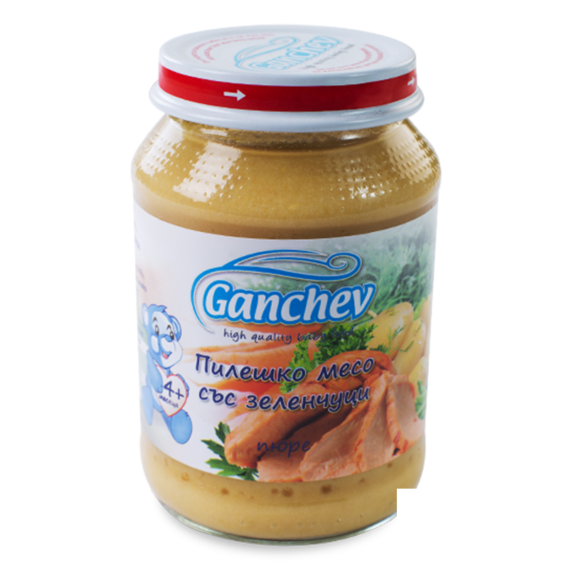 Пюре пилешко месо със зеленчуци  4+ месеца Ганчев 190гр. - Ганчев