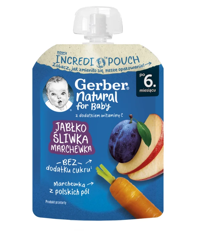 Gerber Пюре от ябълка и слива и морков от 6-ия месец пауч 80г - GERBER