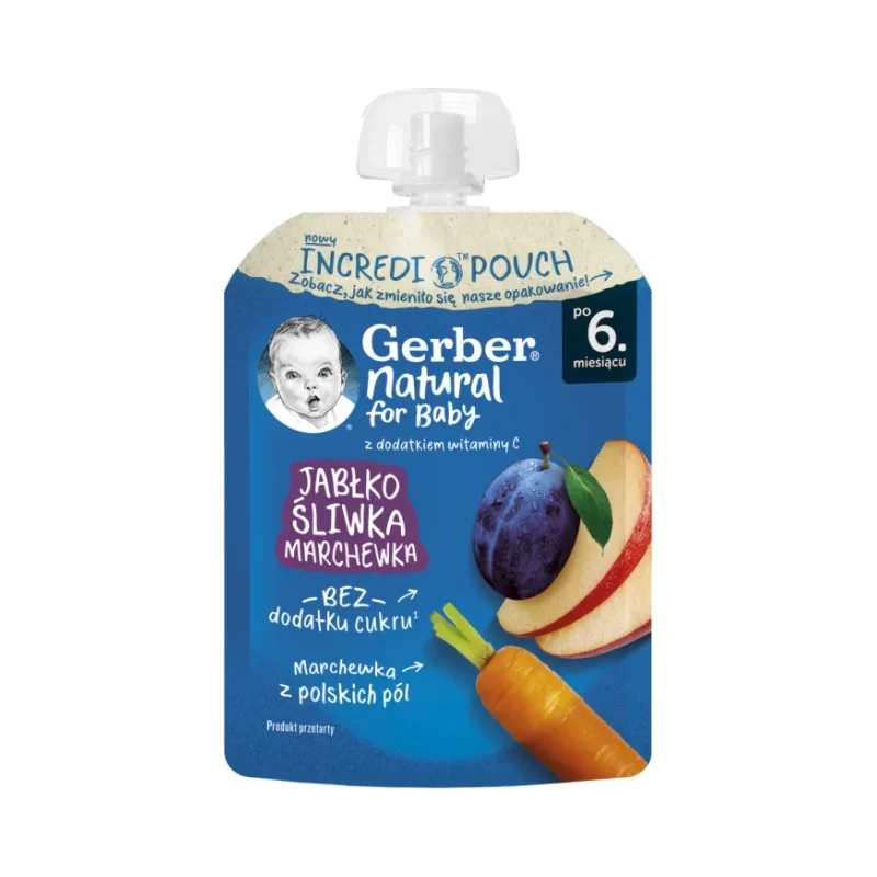 Gerber Пюре от ябълка и слива и морков от 6-ия месец пауч 80г