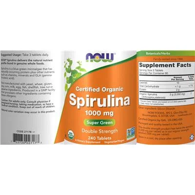 Сертифицирана органична спирулина 1000 мг / Certified Organic Spirulina 1000 mg - NOW