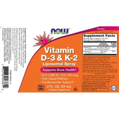 Липозомен спрей с витамин D-3 и K-2 / Liposomal Spray with Vitamin D-3 & K-2 - NOW