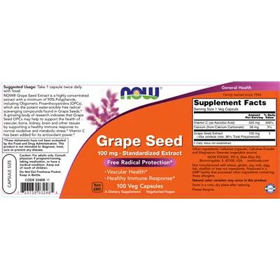 Екстракт от гроздови семена 100 мг - стандартизиран / Grape Seed 100 mg - Standardized Extract - NOW