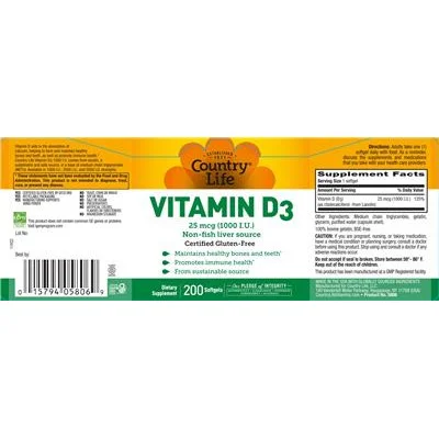 Vitamin D3 25 mcg (1000 IU) - Country Life