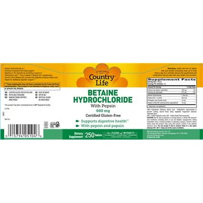 Betaine Hydrochloride 600 mg With Pepsin - Country Life
