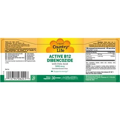 Active B12 Dibencozide With Folic Acid 3000 mcg - Country Life