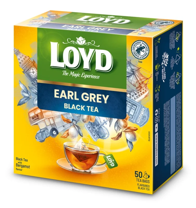 Черен чай Loyd Earl Grey с бергамот, 50 пакетчета - Loyd