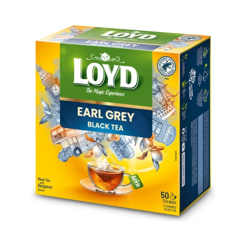Черен чай Loyd Earl Grey с бергамот, 50 пакетчета - Loyd