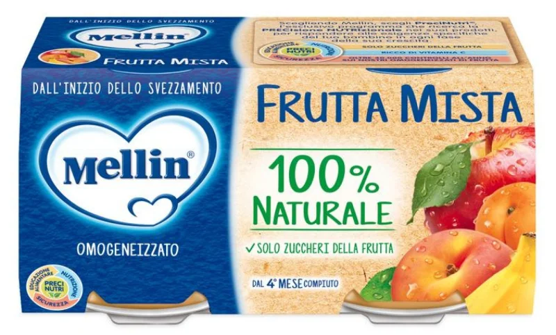 Плодово пюре Mellin Frutta Mista /микс плодове/100% Naturale 2х100г, стъкло - Mellin