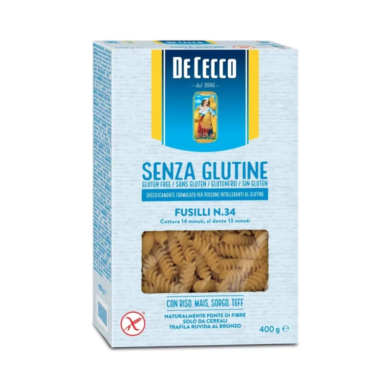 Пълнозърнеста паста без глутен De Cecco Fusilli №34, 400 г - DE CECCO