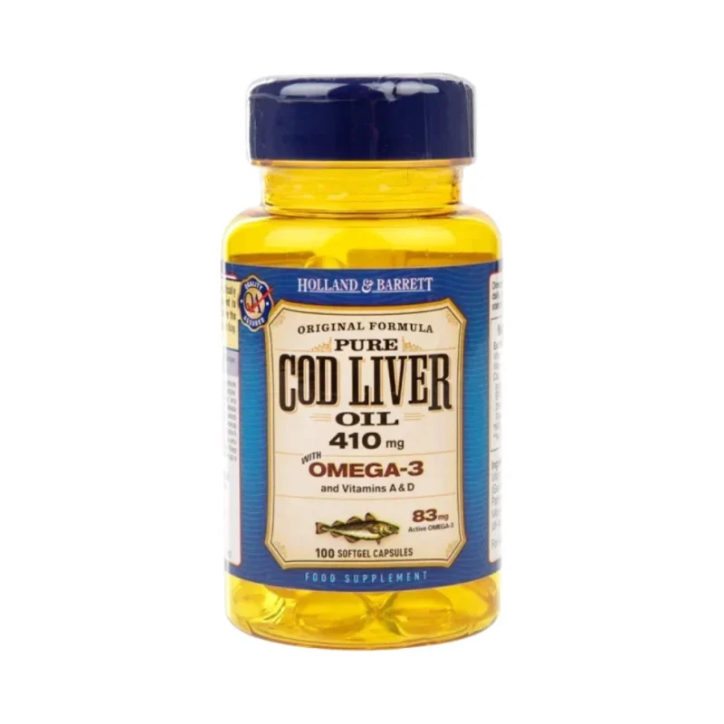 Pure Cod Liver Oil 410 mg / with Vitamin A & D / 100 Гел капсули, 100 дози - Holland And Barrett
