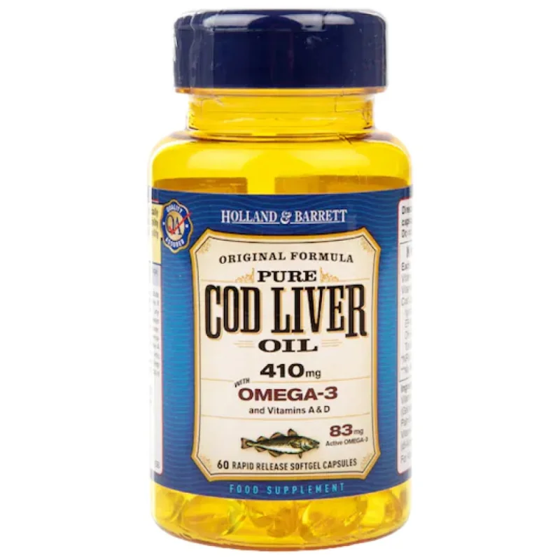 Pure Cod Liver Oil 410 mg / with Vitamin A & D / 60 Гел капсули, 60 дози