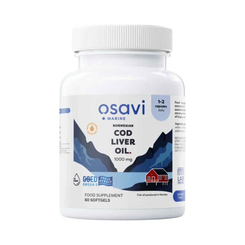 Norwegian Cod Liver Oil 1000 mg | Lemon Flavored / 60 Гел капсули, 60 дози - Osavi