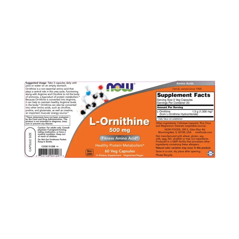 L-Ornithine 500 mg (20 дози) / 60 капсули - NOW