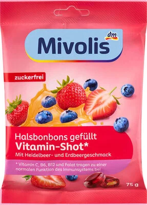 Bonbon, Halsbonbons Vitamin-Shot Heidelbeere-Erdbeere, gefüllt, zuckerfrei - Mivolis