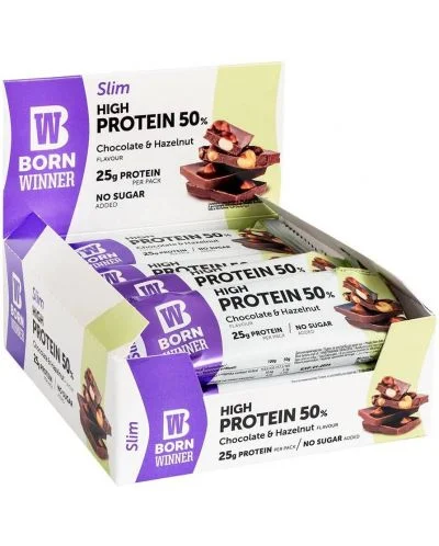 Slim Protein Bar, шоколад и лешник, 12 броя, Born Winner
