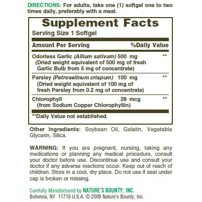 Odorless Garlic and Parsley / 100 Softgels - Nature's Bounty