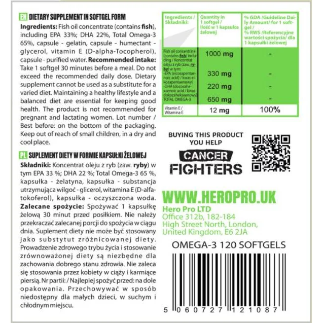 Omega-3 Fish Oil | 65% EPA + DHA / 120 Гел капсули, 120 дози - Hero.Lab