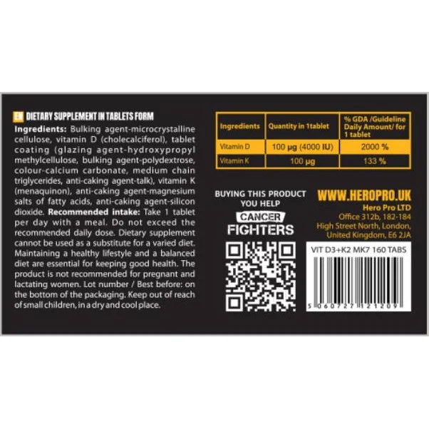 Vitamin D3 4000 + K2 MK7 100 mcg (160 дози) / 160 Таблетки - Hero.Lab