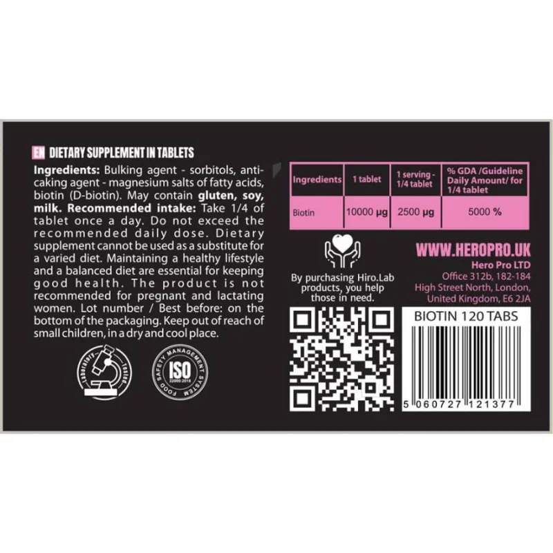 Biotin 10.000 mcg / 120 Таблетки, 480 дози - Hero.Lab