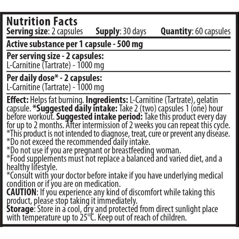 L-Carnitine 500mg / 60Caps. - Cvetita Herbal
