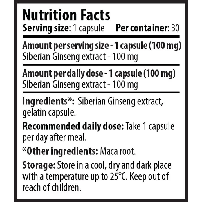 Siberian Ginseng 100mg / 30 Caps. - Cvetita Herbal
