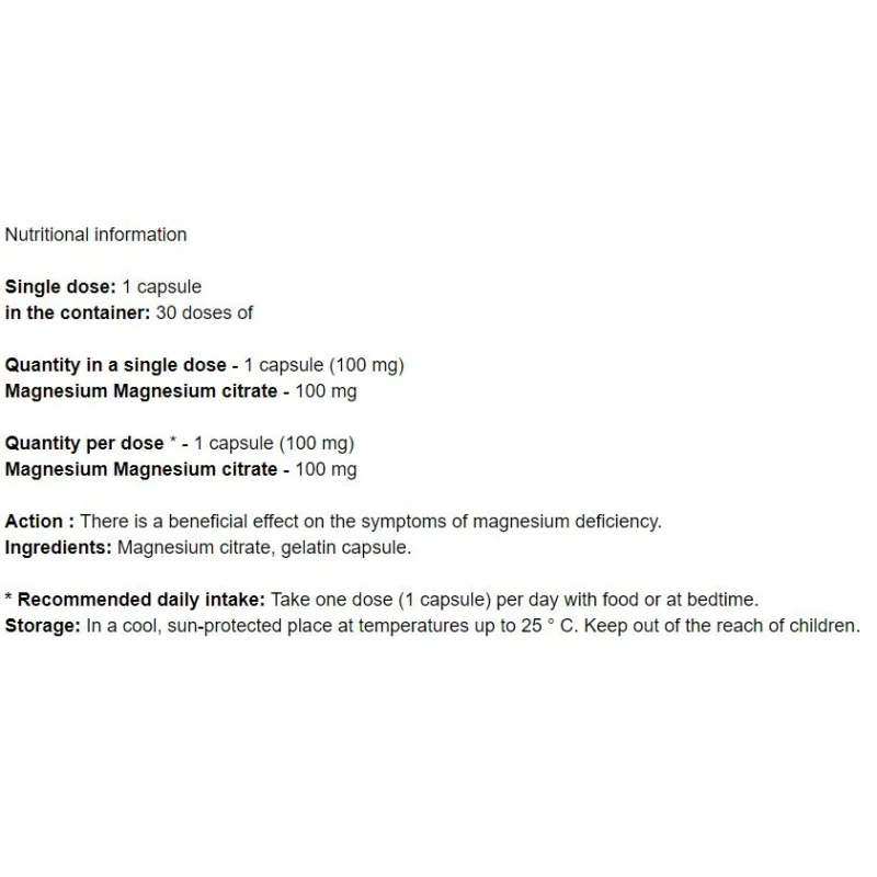 Magnesium Citrate 100mg / 30 Caps - Cvetita Herbal