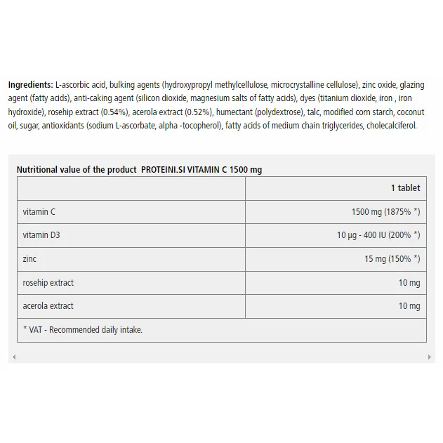 Vitamin C 1500mg + Vitamin D3 + Zinc - Витамин C + Витамин D3 + Цинк - Proteini.SI