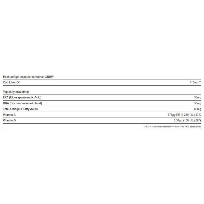 Pure Cod Liver Oil 410 mg / with Vitamin A & D / 100 Гел капсули, 100 дози - Holland And Barrett
