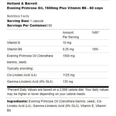 Evening Primrose Oil 1500 mg | Plus Vitamin B6 / 60 капсули, 60 дози - Holland And Barrett