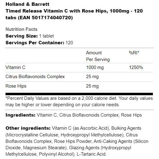 Vitamin C with Rose Hips 1500 mg | Timed Release / 100 Таблетки, 100 дози - Holland And Barrett