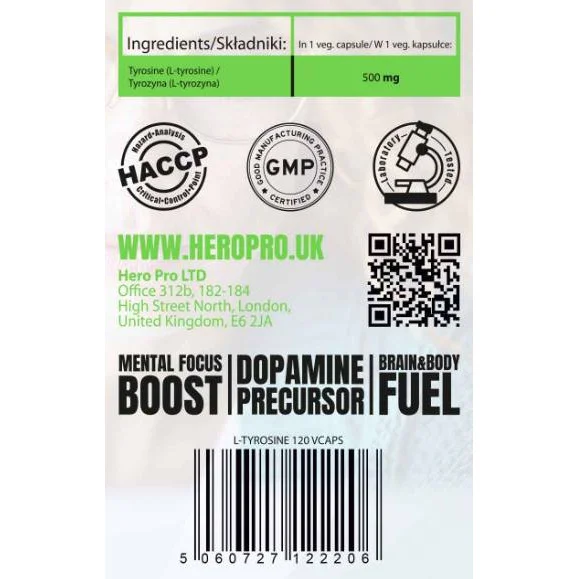 L-Tyrosine 500 mg / 120 капсули, 120 дози - Hero.Lab