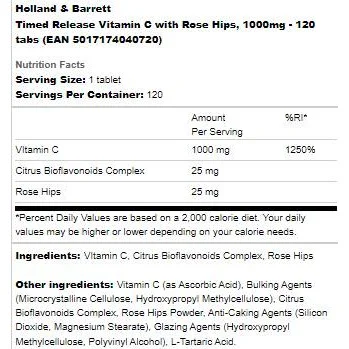 Vitamin C Timed Release 1000 mg | With Rose Hips / 120 Таблетки, 120 дози - Holland And Barrett