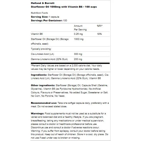 Starflower Oil 1000mg | With Vitamin B6 / 100 капсули, 100 дози - Holland And Barrett