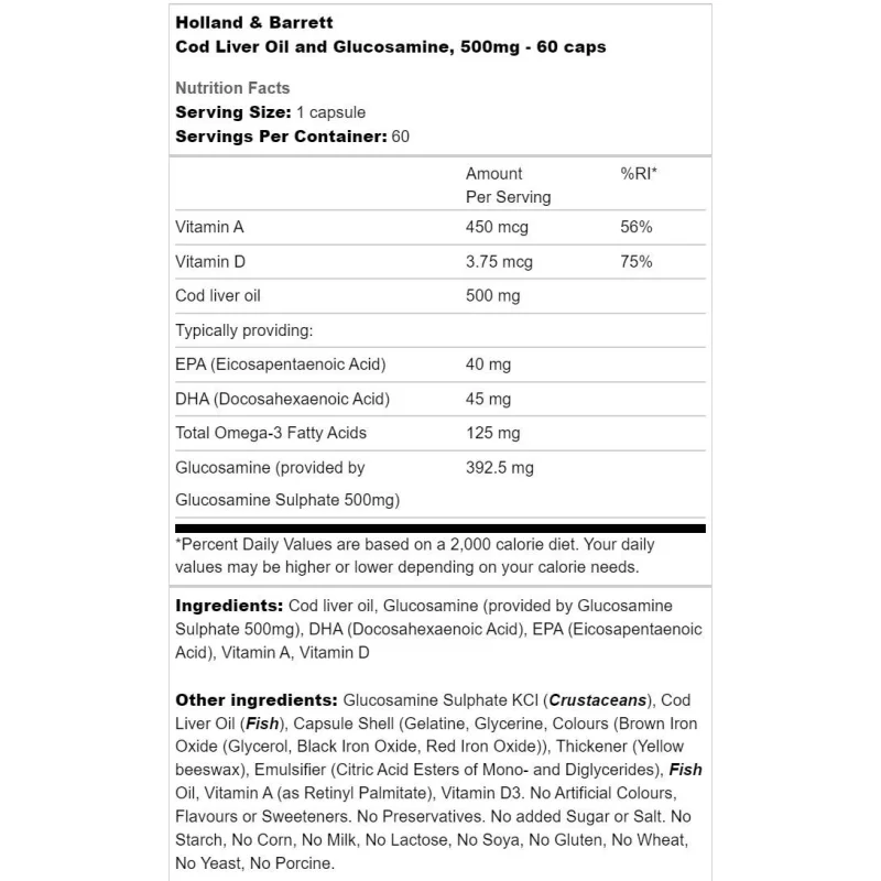 Cod Liver Oil 500 mg | With Glucosamine / 60 капсули, 60 дози - Holland And Barrett
