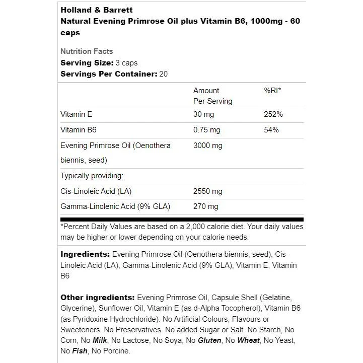 Natural Evening Primrose Oil 1000 mg | Plus Vitamin B6 / 60 капсули, 20 дози - Holland And Barrett