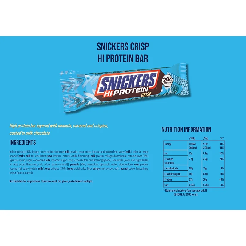 Snickers Hi Protein Crisp Bar - Протеинов Бар, Разфасовка 55g - Mars Protein