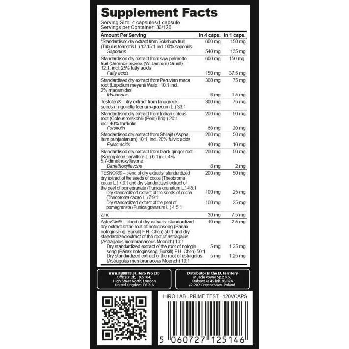 Prime Test | with Testofen, Maca & Shilajit (30 дози) / 120 капсули - Hero.Lab