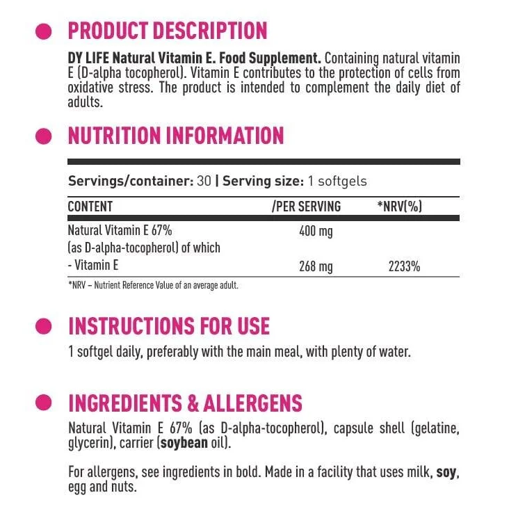 DY Life Natural Vitamin E 268 mg (30 дози) / 30 Гел капсули - Dorian Yates Nutrition