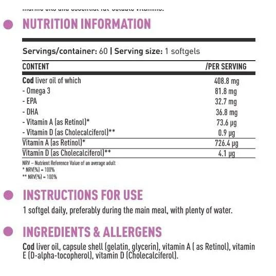 DY Life Cod Liver Oil 408.8 mg | with Vitamin A & D3 (60 дози) / 60 Гел капсули - Dorian Yates Nutrition