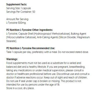 PE Nutrition | L-Tyrosine 500 mg / 50 капсули, 50 дози - Holland And Barrett