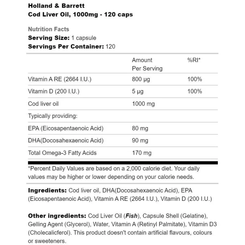 Cod Liver Oil 1000 mg / 120 Гел капсули, 120 дози - Holland And Barrett